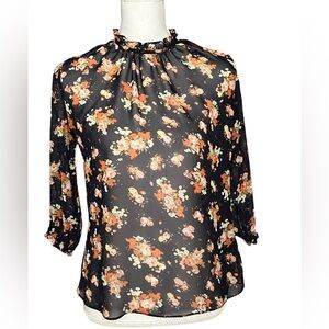 Gflock Dark Floral Sheer Top Size 6 Ruffle Neck Cottage Whimsigoth 3/4 Sleeve
